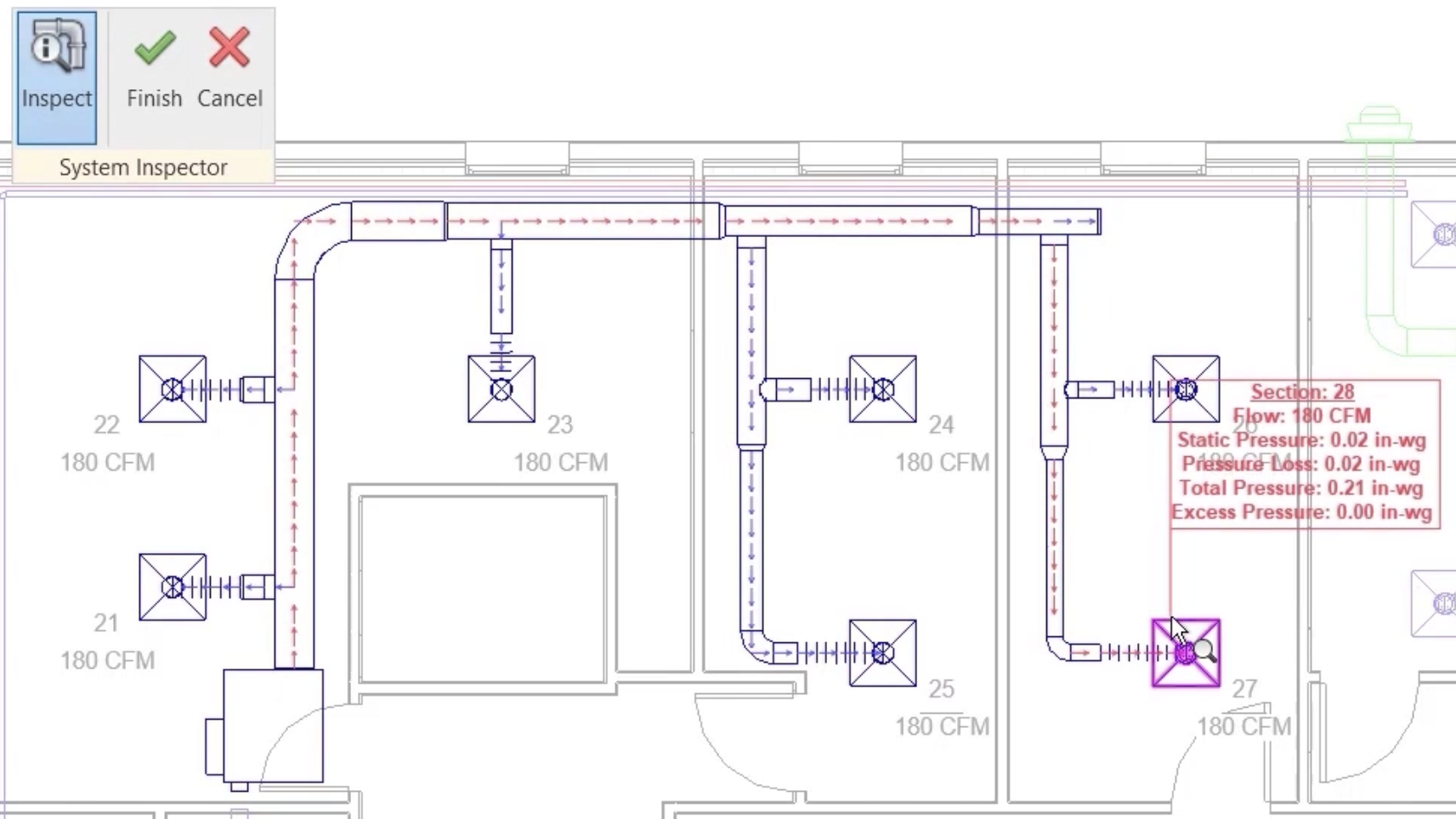 In the top left, the expanded System Inspector panel shows Inspect was selected; and in the floor plan view, the pointer is hovering over air terminal 27 to display the critical path and Excess Pressure value.