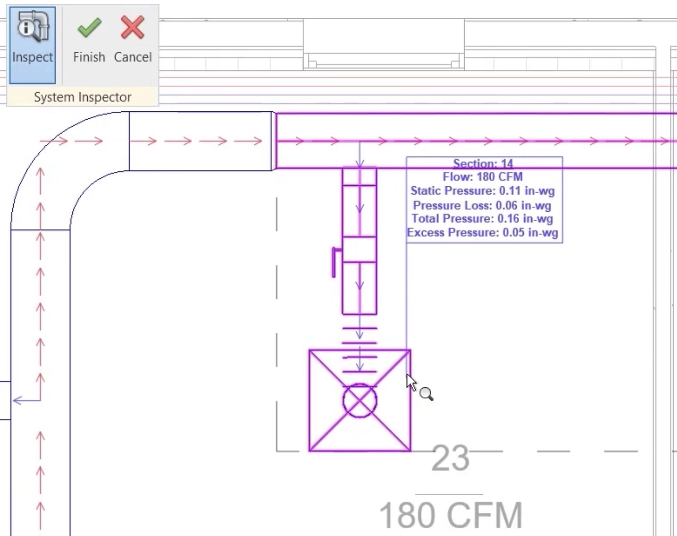 In the top left, the expanded System Inspector panel shows Inspect was selected; and in the floor plan view, the pointer is hovering over air terminal 23 to display the Excess Pressure value of 0.05.