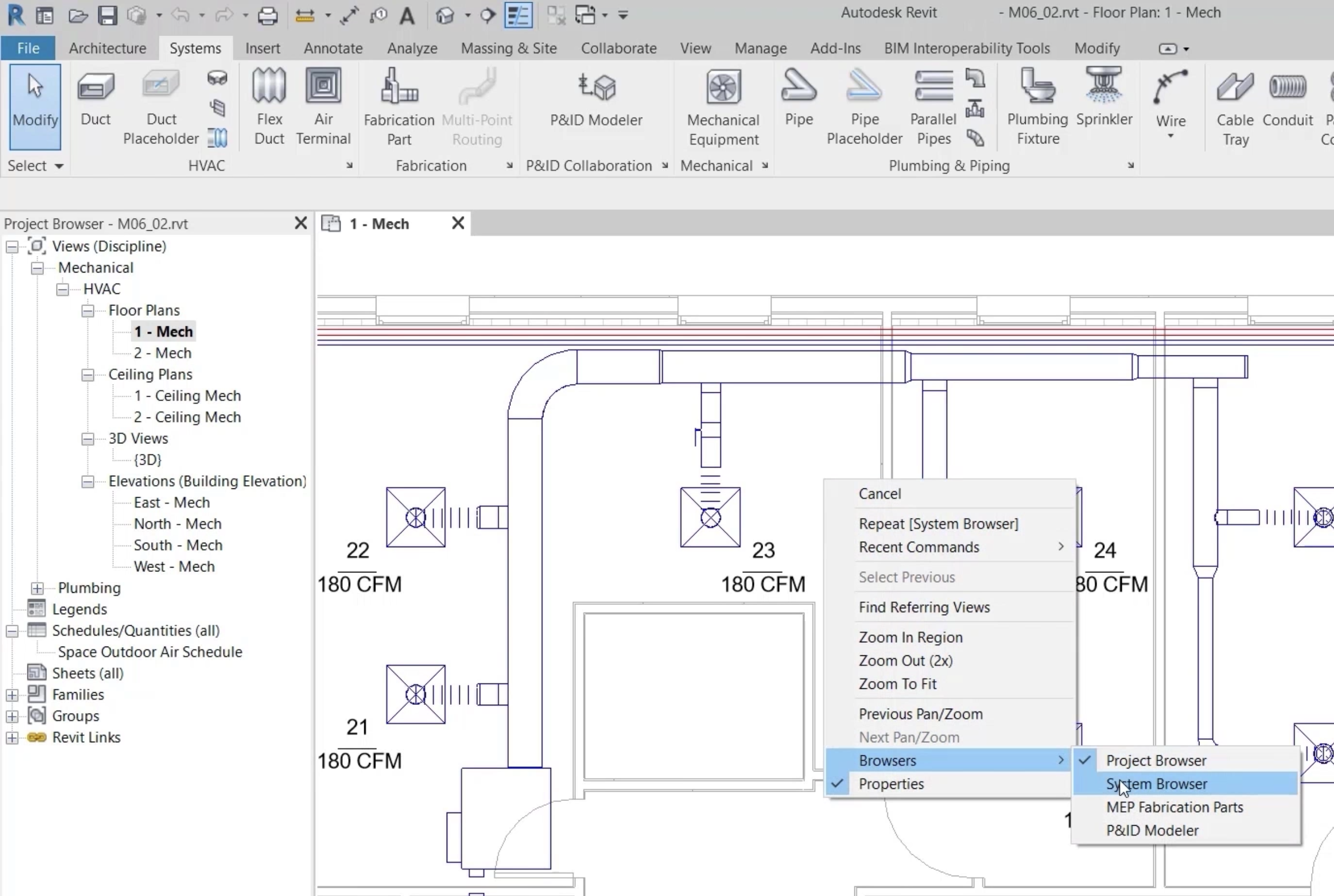 The Revit interface showing the ribbon and Project Browser, with the example project open to the HVAC floor plan view. In the plan view, Browsers has been selected in the expanded context menu, with System Browser selected in the flyout.