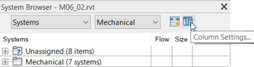 In the System Browser, a close-up shows the two drop-downs set to Systems and Mechanical, respectively, and the Column Settings tool being selected.