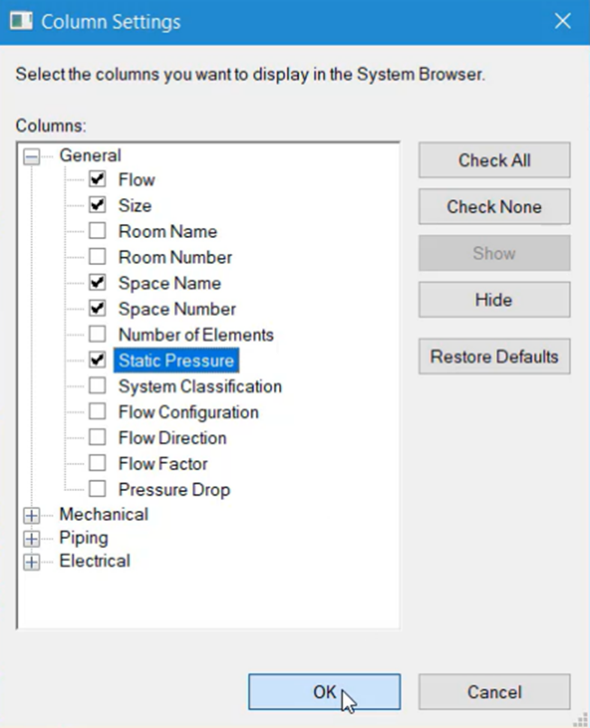 The Column Settings dialog box, with General expanded, Static Pressure selected, and OK being clicked.