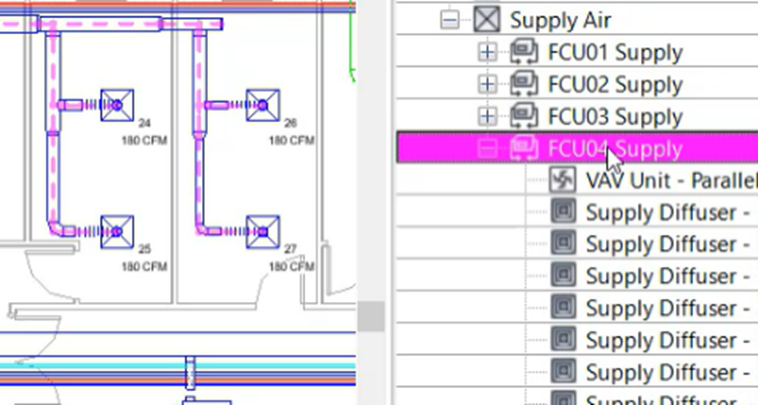 In the System Browser to the right, a supply system is selected, and in the plan view to the left, the same system is highlighted.