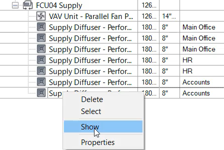 In the System Browser, the context menu for one of the air terminals, with Show selected.