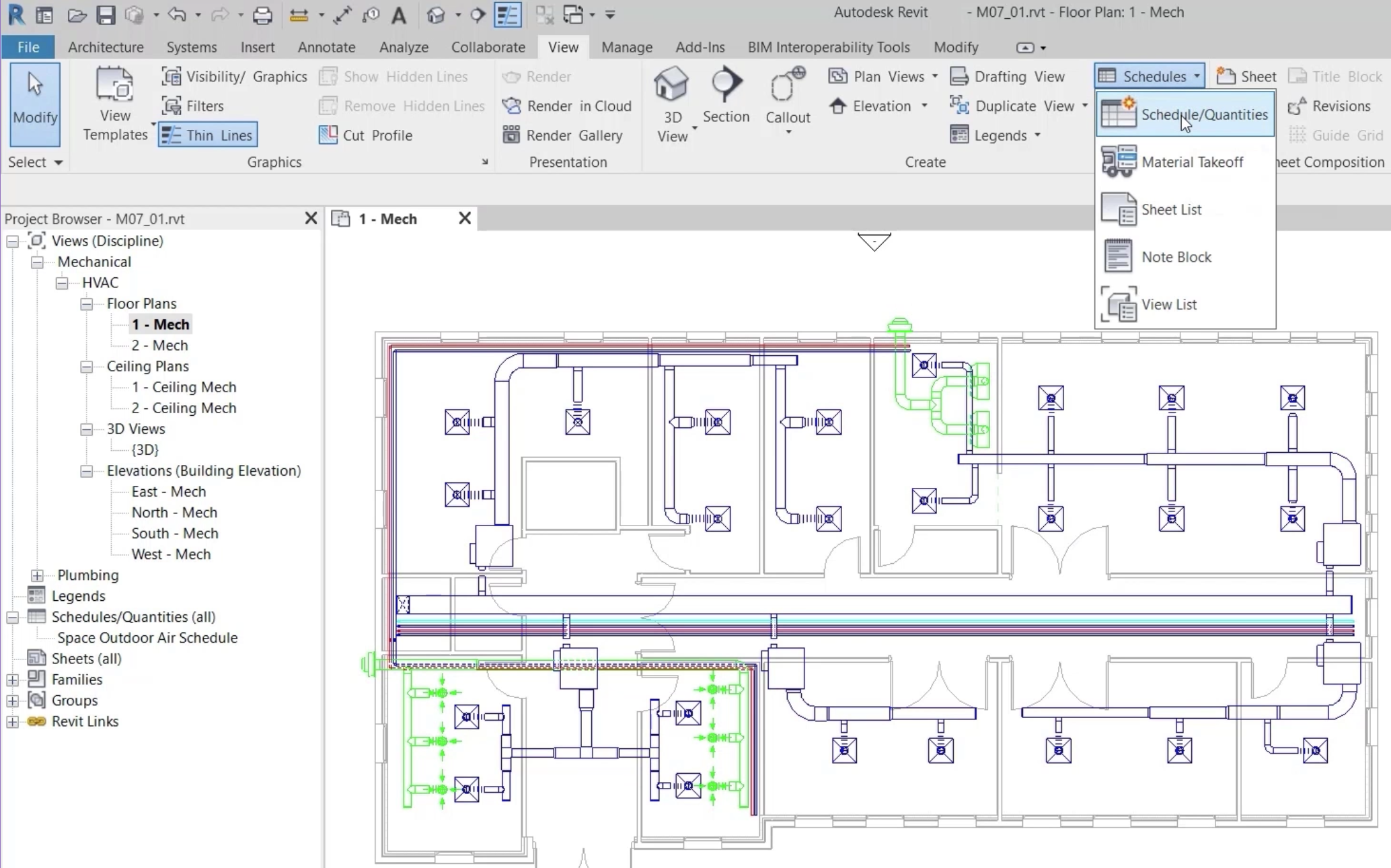 The Revit interface showing the ribbon and Project Browser, with the example project open to the HVAC floor plan view. On the View tab of the ribbon, the Schedules drop-down has been expanded, with Schedule/Quantities selected.