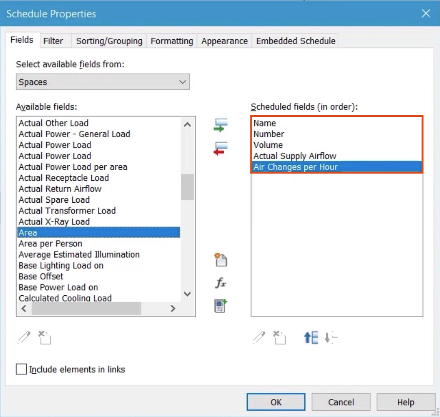 In the Schedule Properties dialog box, in the Scheduled fields panel, the fields for this example have been added to the list in the desired order, and are highlighted in red.
