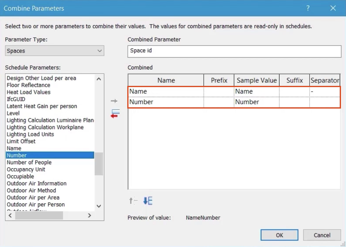 In the Combine Parameters dialog box, in the Combined table, the Name and Number parameters and separators have been configured for this example and are highlighted in red.