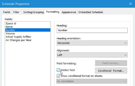 In the Schedule Properties dialog box, in the Fields list, Number is selected, and in the adjacent group box, under Field formatting, Hidden field has been selected.