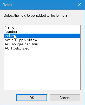 In the Fields dialog box, Volume is being selected to add it to the formula.