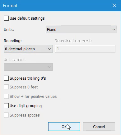 In the Format dialog box, Use default settings is deselected, Units is set to Fixed, and Rounding is set to 0 decimal places. OK is highlighted.