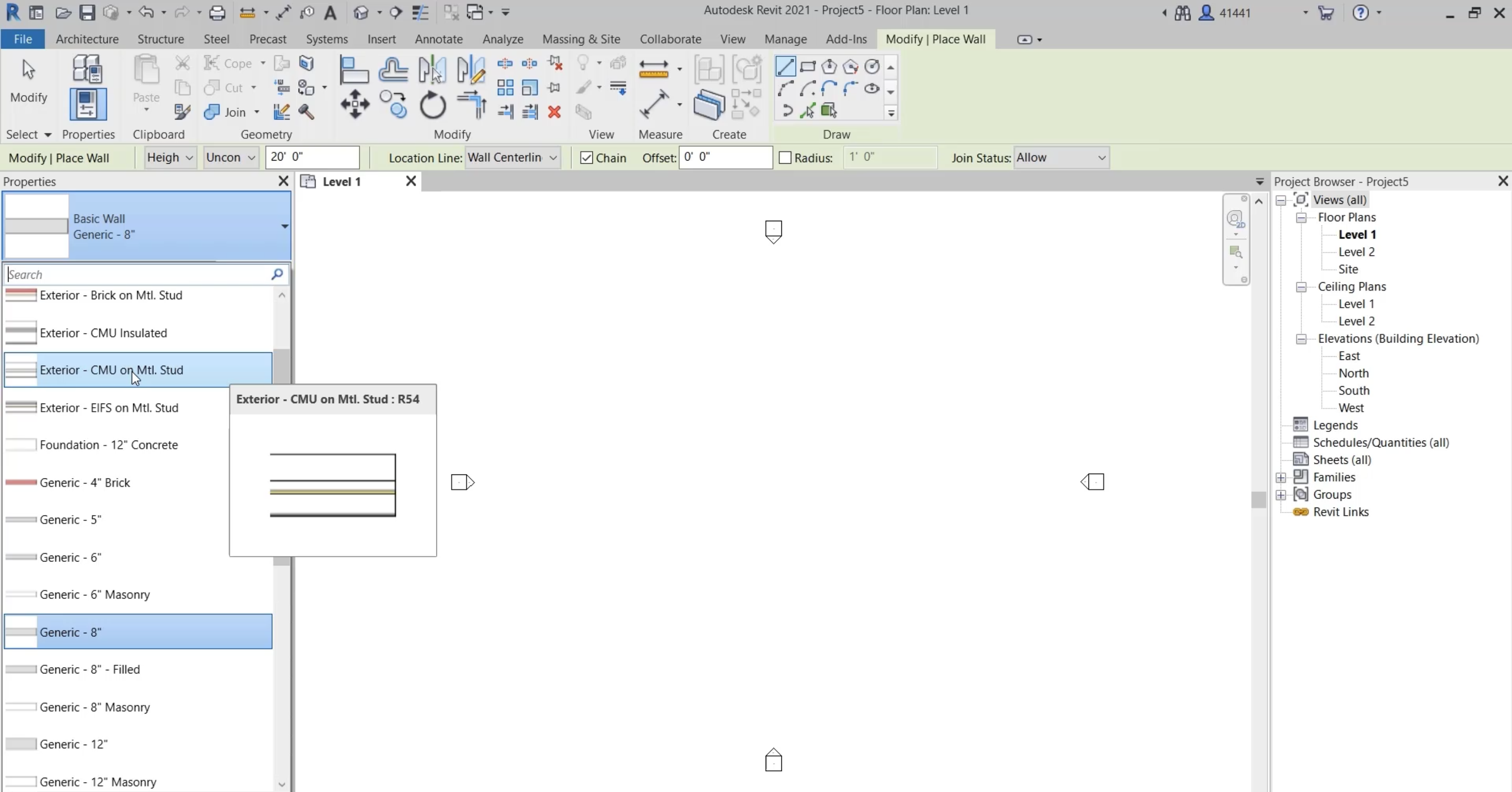 In the Revit interface, the Properties palette, Type selector, with the Exterior – CMU on Mtl.Stud wall type selected.