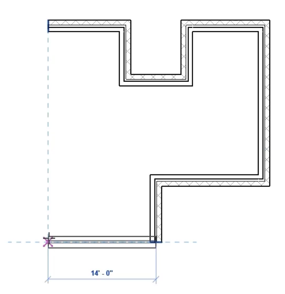 In the drawing, all walls drawn for this example, with a dotted line indicating the alignment of the final wall with the beginning of the first wall.