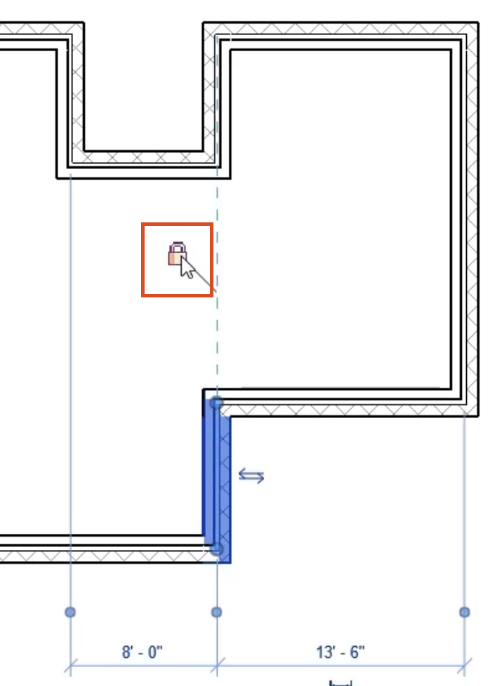The lower vertical wall aligned with the wall above, and the selected padlock icon now locked, highlighted in red.