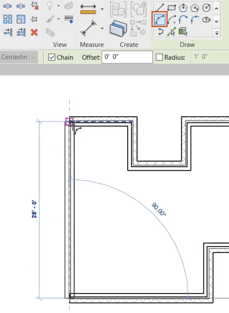 In the ribbon, Draw panel, the Start-End-Radius Arc tool highlighted in red, and in the drawing, the end point of the curved wall indicated by a red square.