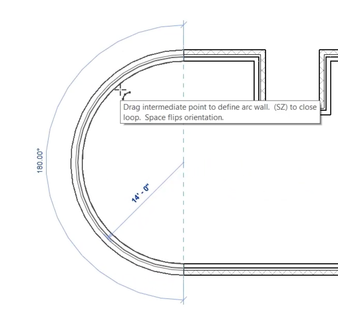 In the drawing, the initially straight line dragged to the left to create the curved wall.