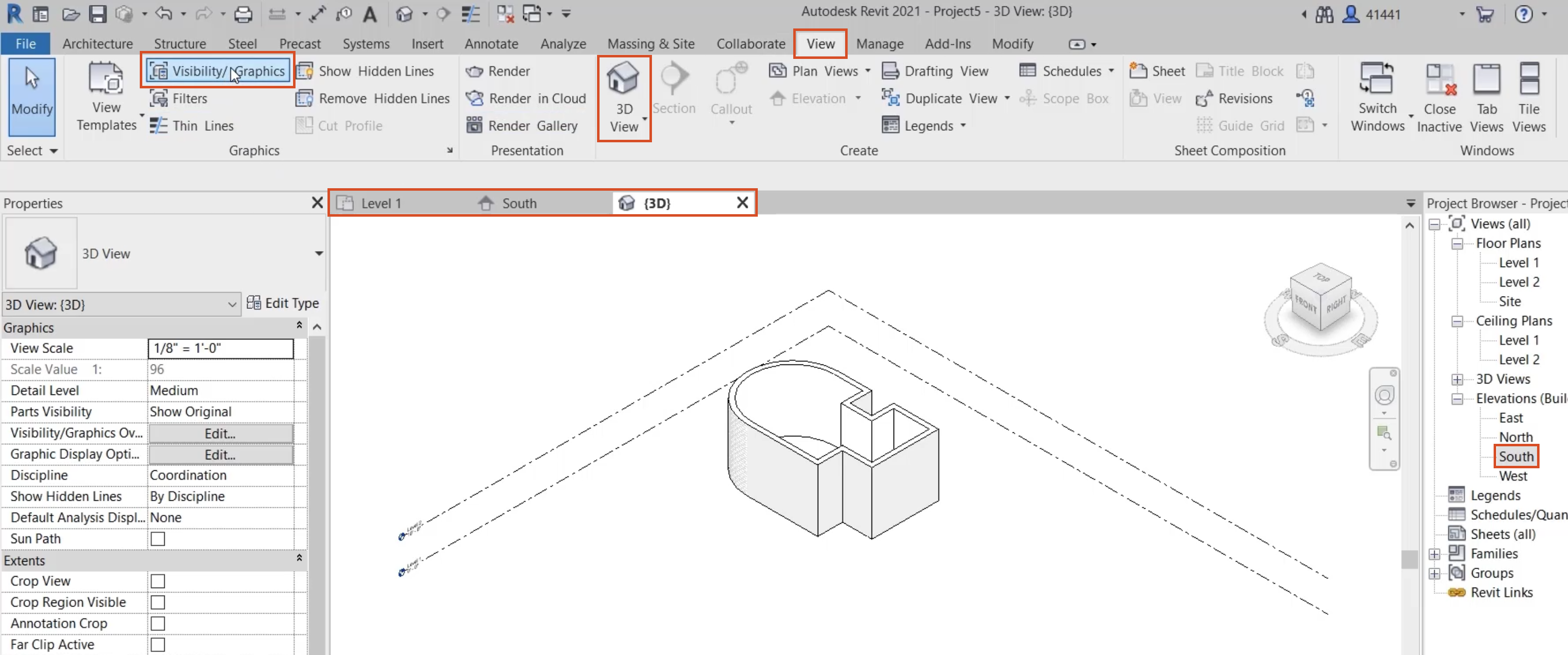 In the Revit interface, 3 open views, with relevant settings highlighted in red; and in the ribbon, View tab, Graphics panel, Visibility/Graphics selected for the currently active 3D view.