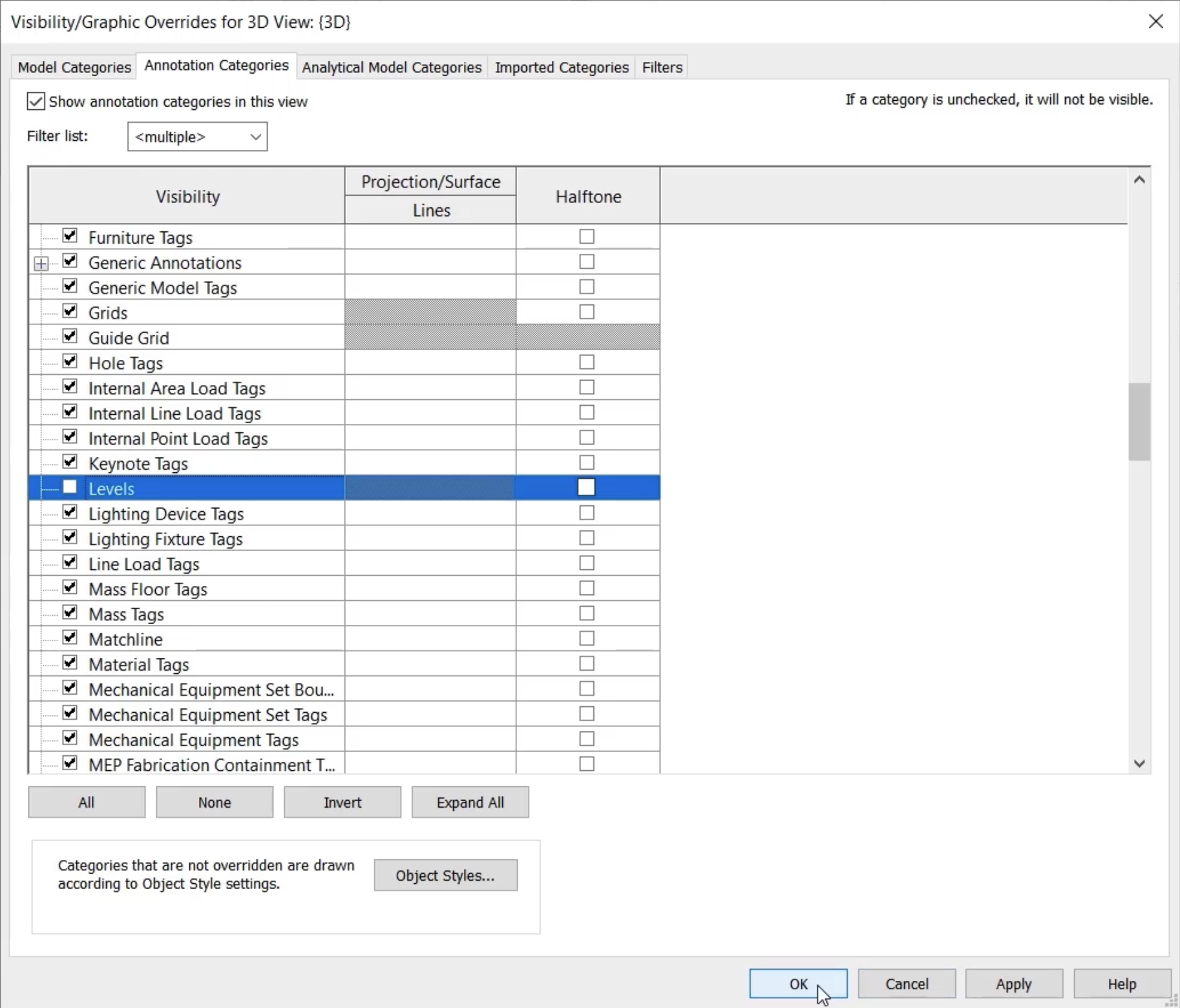In the Visibility/Graphic Overrides dialog box, Annotation Categories tab, scroll down Levels disabled and OK selected.