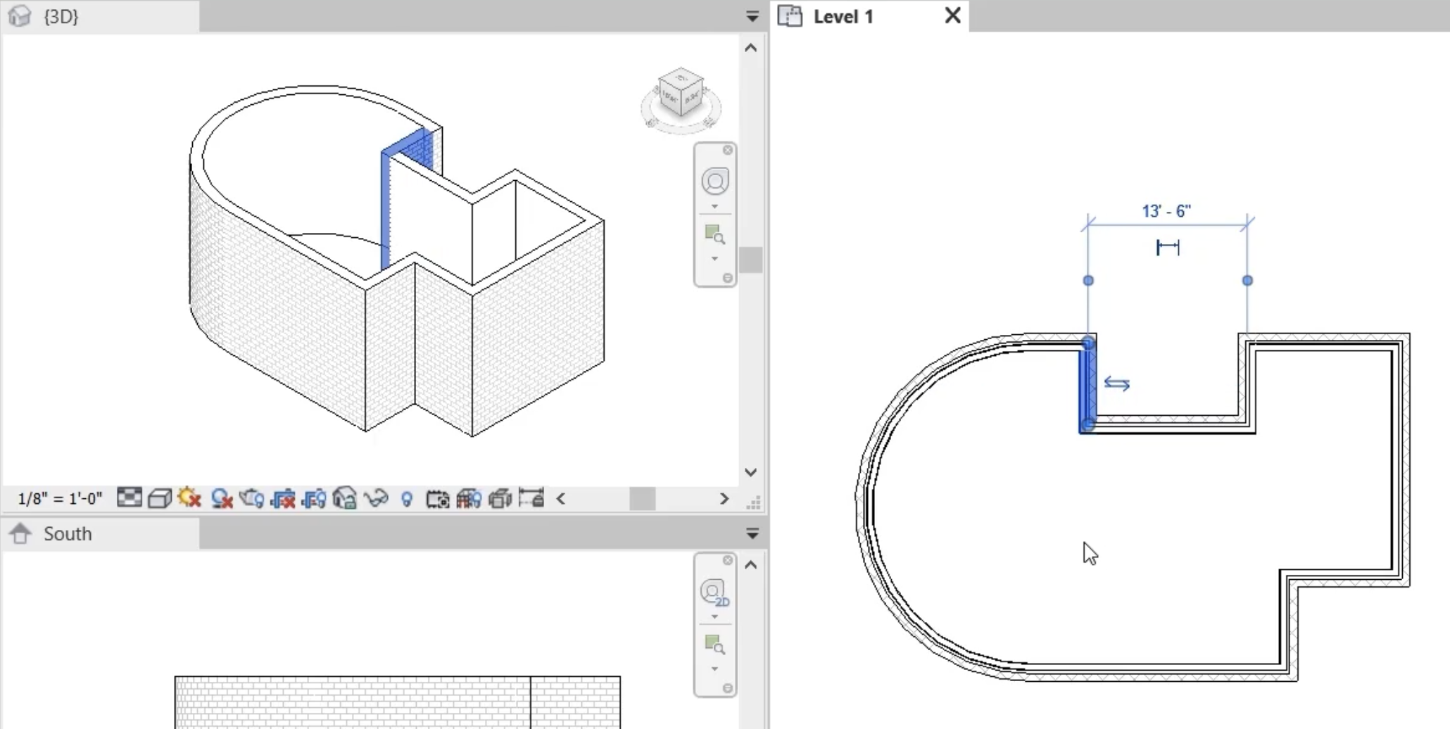 The selected and moved wall in the Level 1 view also appears selected and moved in the 3D view.