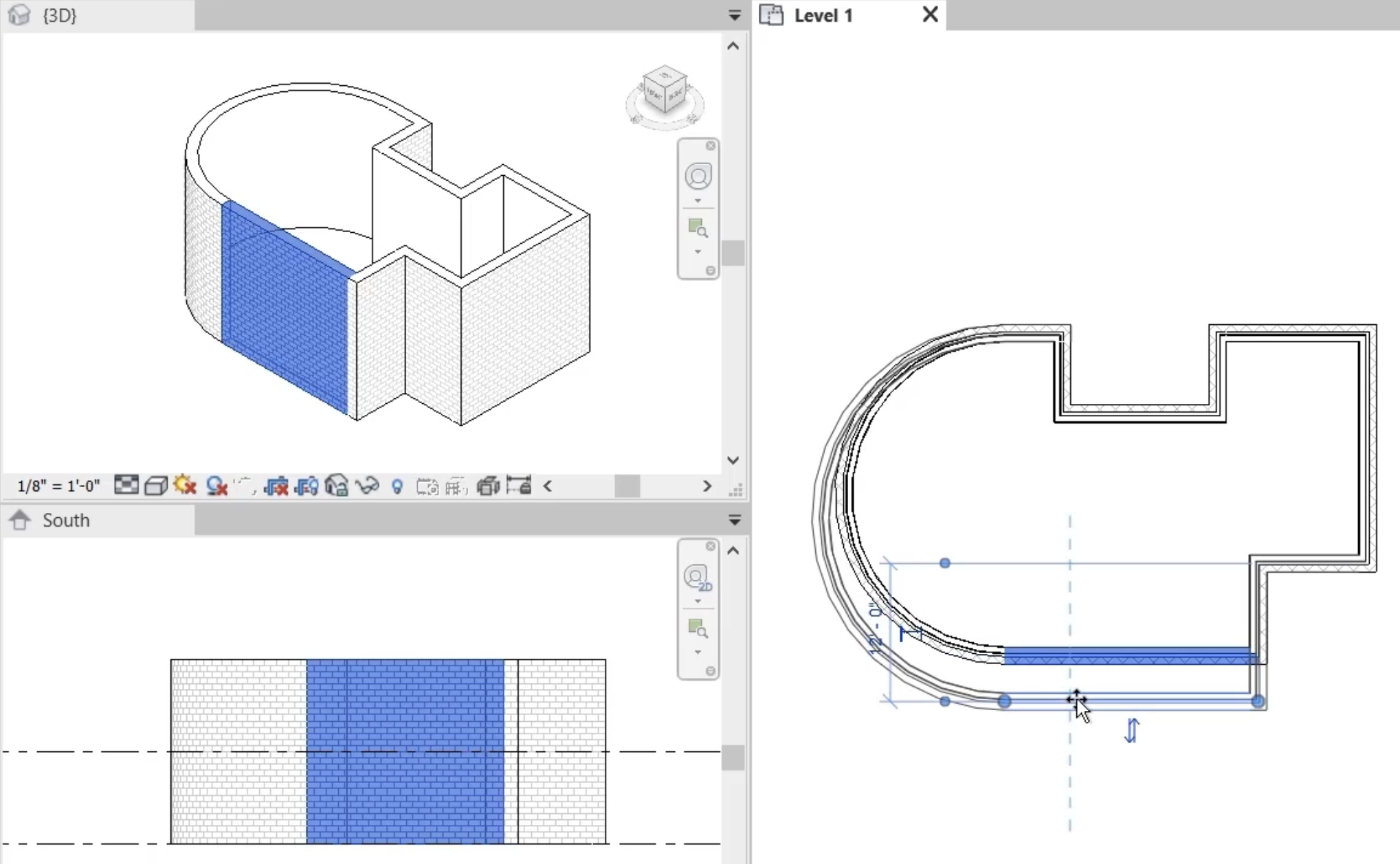 As the wall on the front of the building is selected and moved in the Level 1 view, changes are visible in all 3 views, and the connected curved wall updates parametrically.