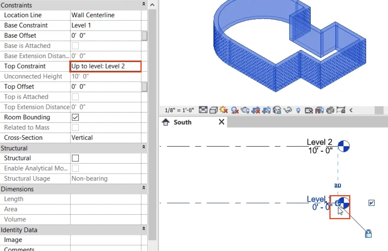 In Properties, the Top Constraint set to Level 2, highlighted in red, and in the South elevation view, the text being dragged closer to the wall, with the control highlighted in red.