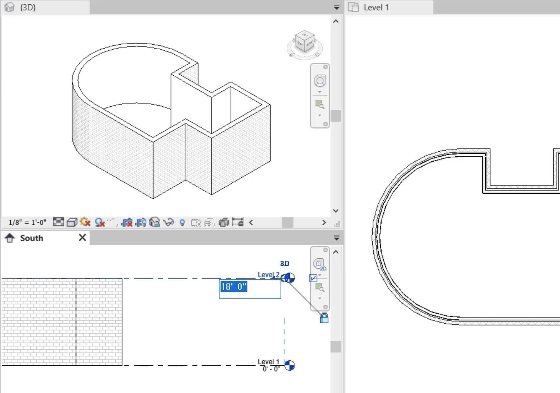 In the South elevation view, the Level 2 height changed to 18 feet, with the change visible on all walls in the 3D view.