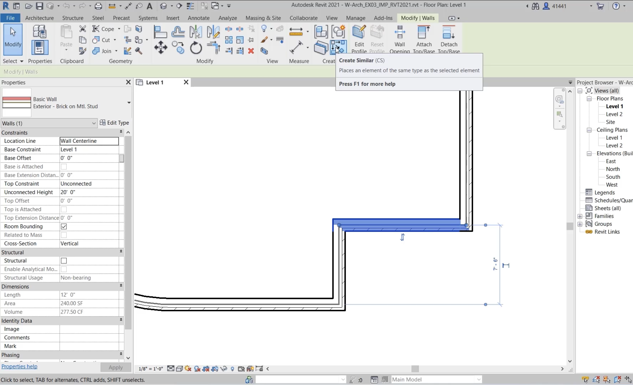 In the Revit interface, a wall selected in the plan view, and in the Modify | Walls contextual tab, on the Create panel, Create Similar selected.