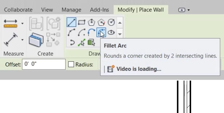 In the Modify | Walls contextual tab, on the Draw panel, Fillet Arc selected.