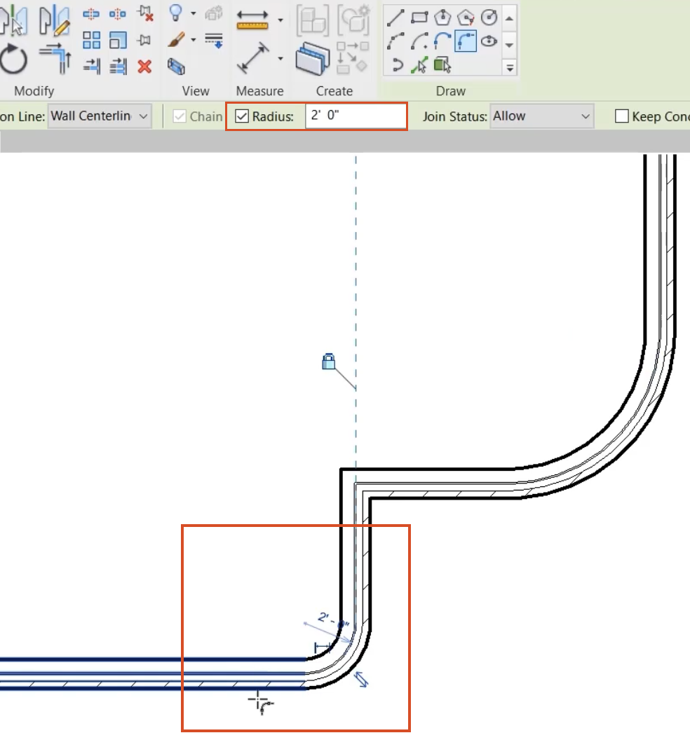 In the Options Bar, the Radius option selected and set to 2 feet, highlighted in red, and in the plan view, the fillet applied to the selected walls, highlighted in red.