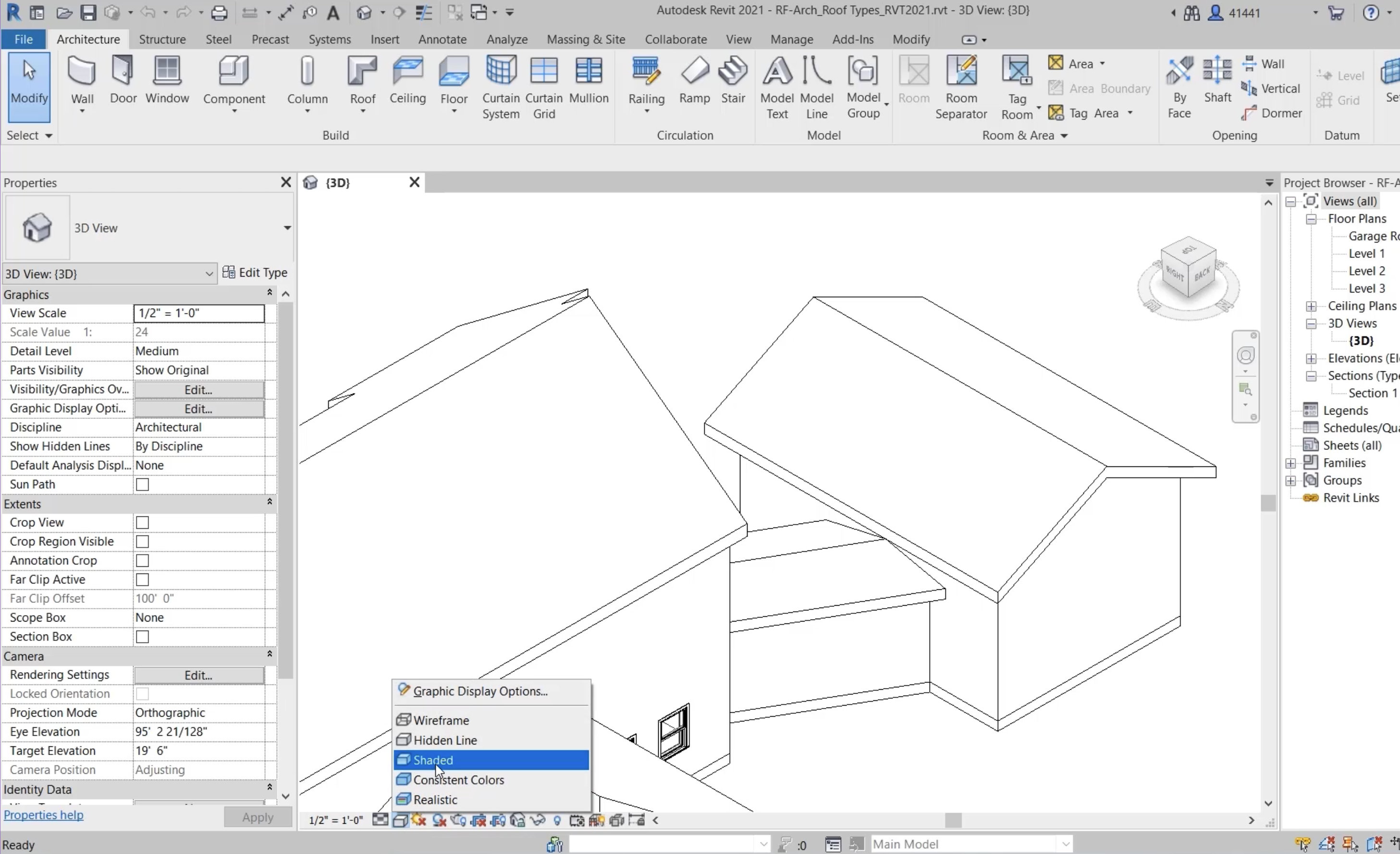 In the Revit interface, the 3D view zoomed to the garage and corridor, and in the View Control Bar, Visual Style expanded, with Shaded selected.