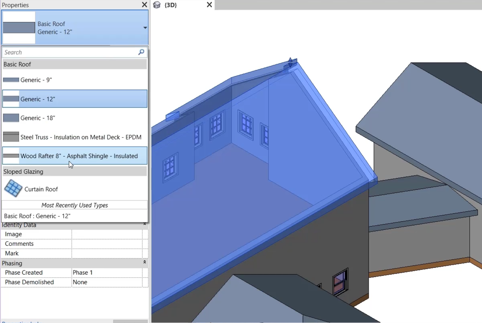 In the view, the main roof selected, and in the Type Selector, a new roof type selected.