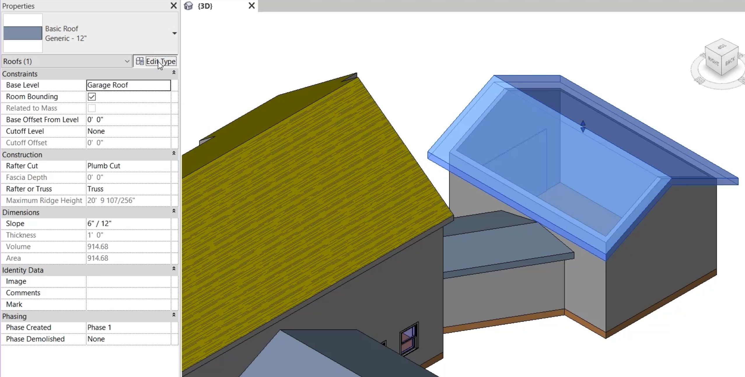 In the 3D view, the updated main roof, with the garage roof selected, and in the Properties palette, Edit Type selected.