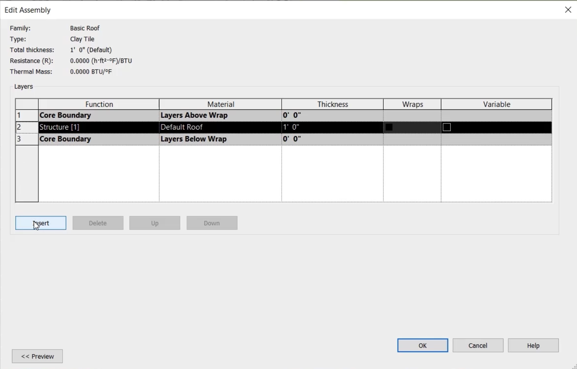 In the Edit Assembly dialog, Layer 2 highlighted, and the Insert button selected.