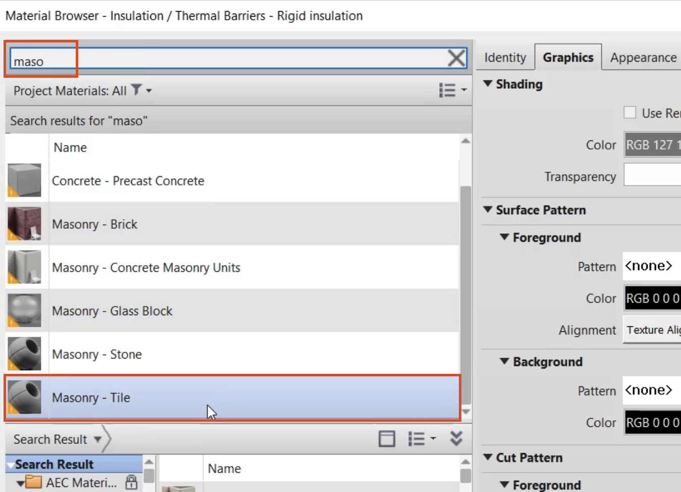 In the Materials Browser, “maso” typed in the search field, and in the search results, Masonry-Tile selected and highlighted in red.