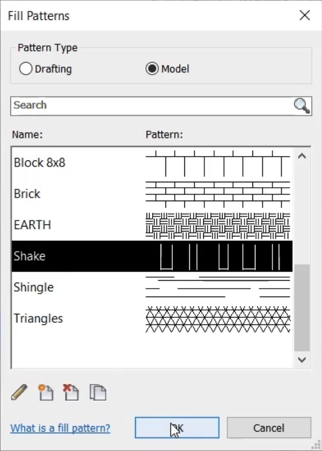 In the Fill Patterns dialog, the Pattern Type set to Model, and in the list of patterns, Shake selected.