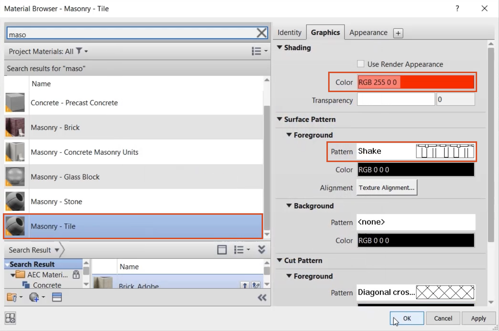 In the Material Browser, all settings configured for this example and highlighted in red, with OK selected.