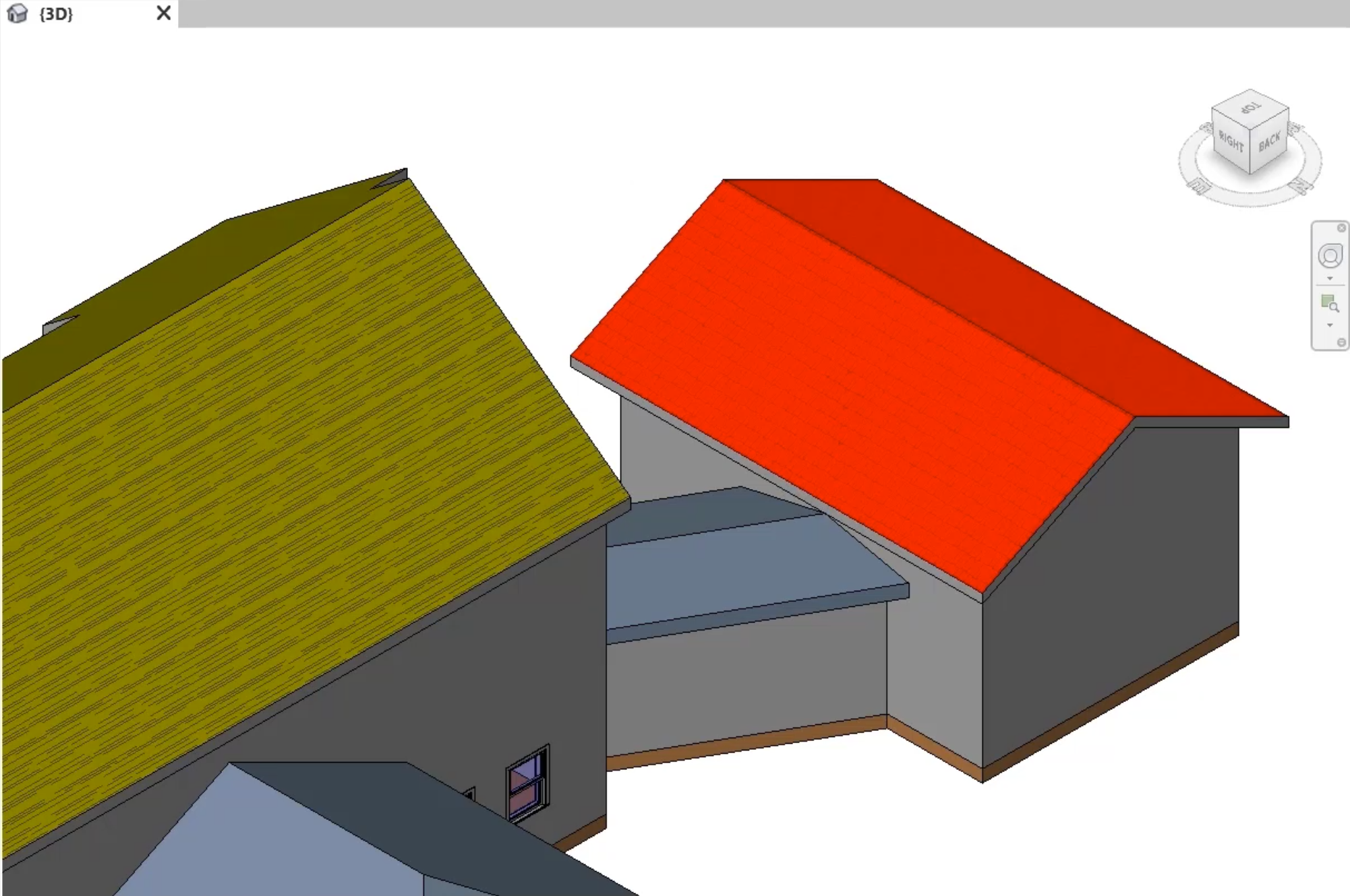 In 3D view, the updated garage roof.