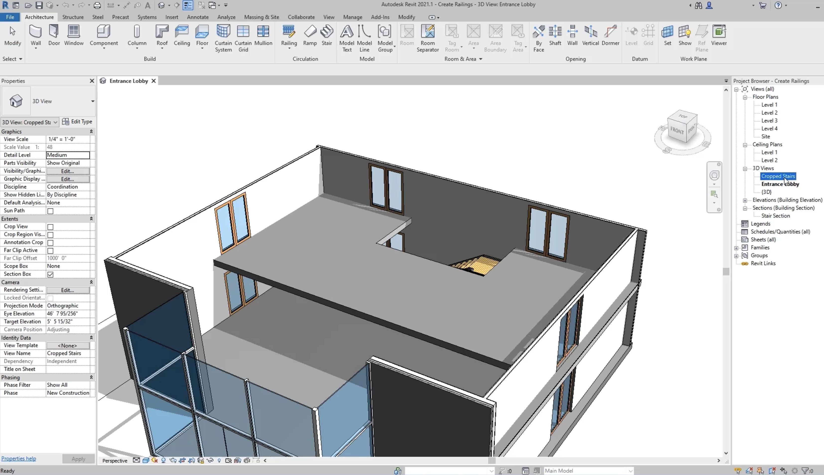 In the Revit interface, the project for this example open in the 3D view, and in the Project Browser, opening the Cropped Stairs 3D view