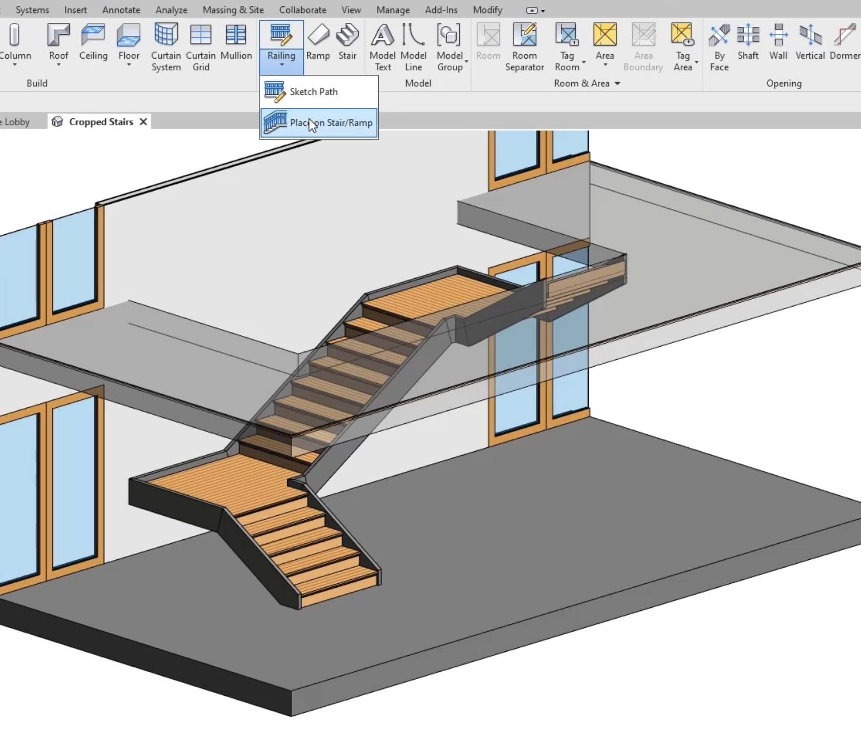 The open Cropped Stairs 3D view, and in the Architecture tab, Circulation panel, Railing expanded with Place on Stair/Ramp selected.