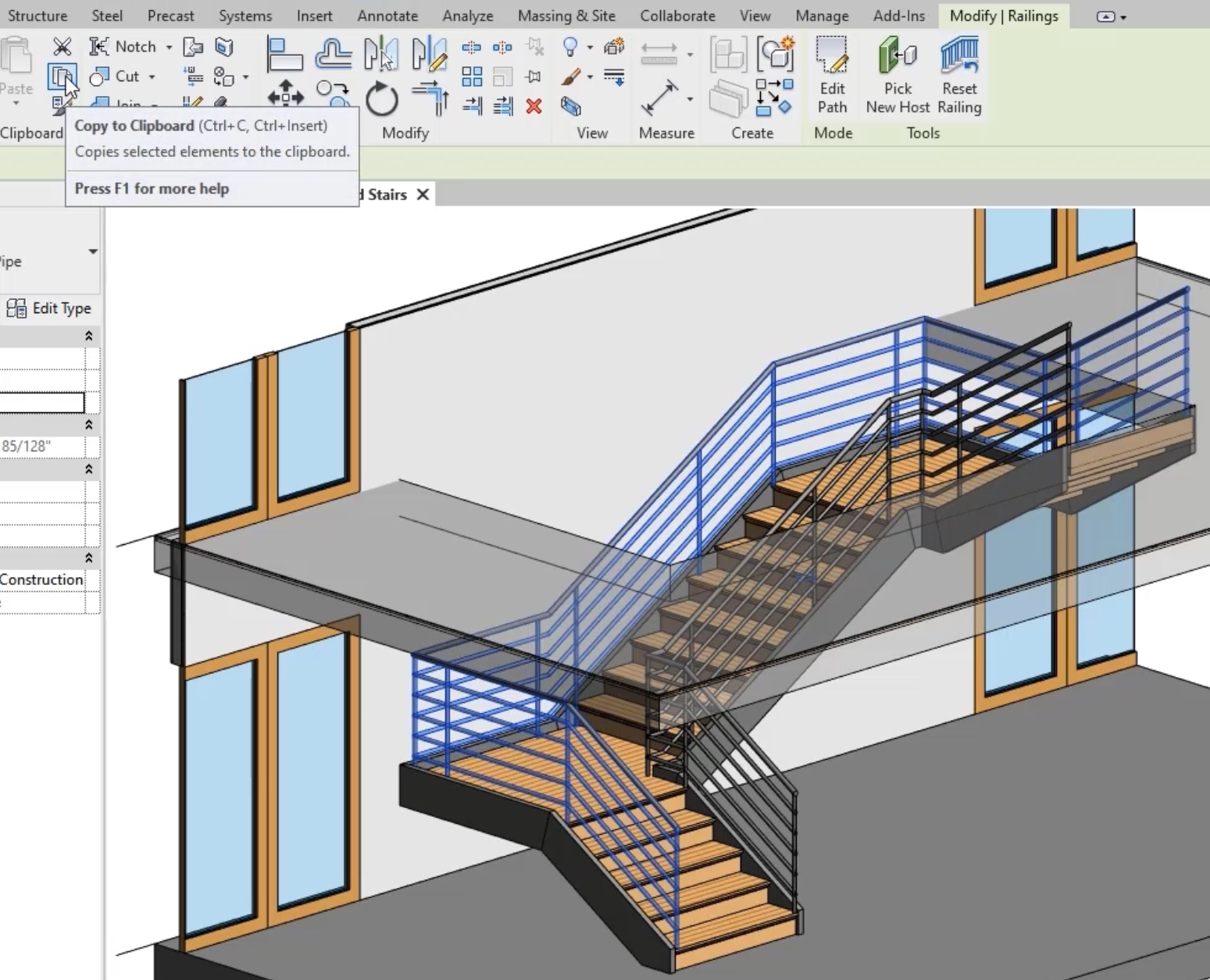 In the view, the railing against the wall selected, and in the Modify | Railings tab, Clipboard panel, Copy to Clipboard selected.