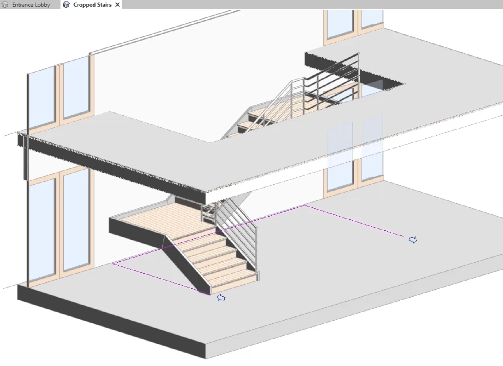 In the 3D view, the railing sketch displayed as purple lines.