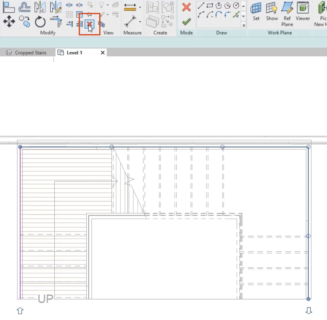 In the Level 1 view, the railing sketch lines along the wall and to the right selected, and in the Modify panel, Delete selected and highlighted in red.