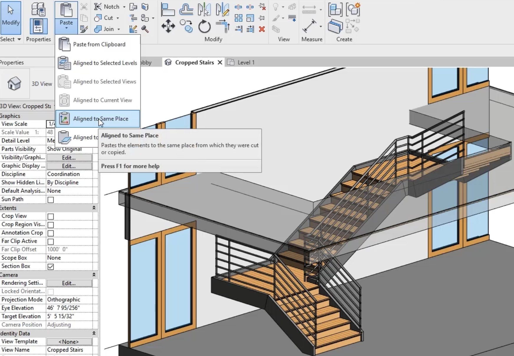 In the 3D view, the railings along the wall and to the right deleted, and on the Modify tab, Clipboard panel, Paste expanded, with Aligned to Same Place selected.