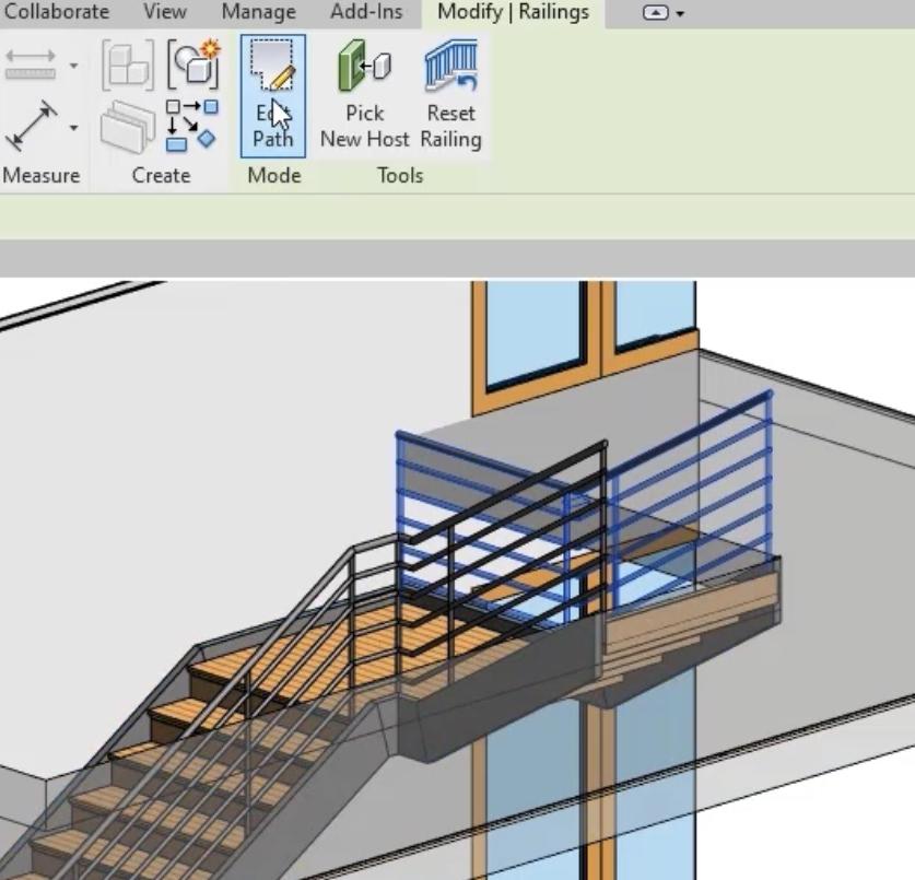 In the Cropped Stairs 3D view, the railing that extends from the wall along the landing selected, and in the Modify | Railings tab, Mode panel, Edit Path selected.