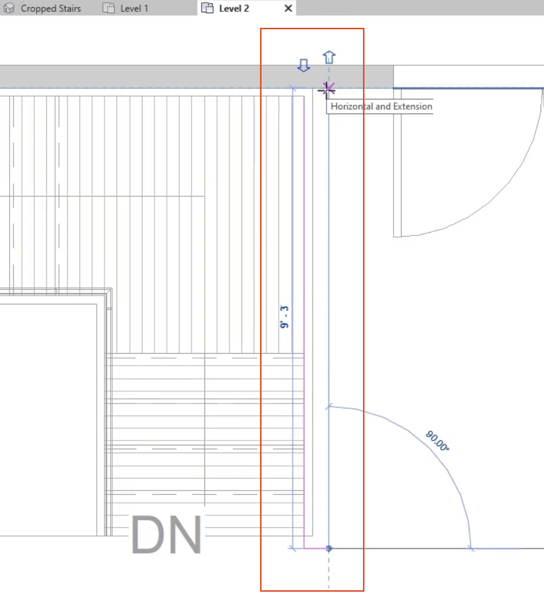 In the Level 2 view, a sketch drawn to extend the railing to the wall, highlighted in red.