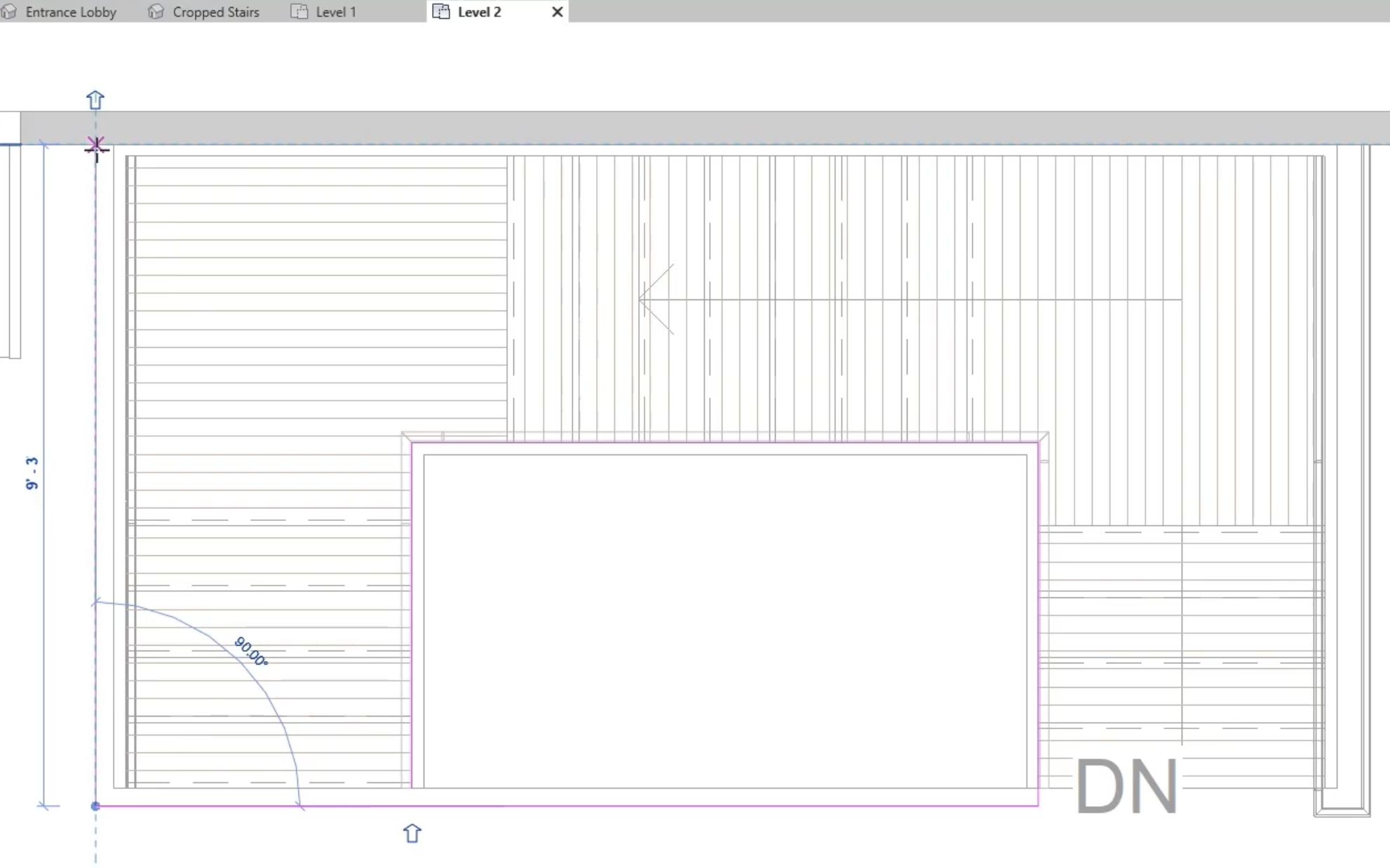 In the Level 2 view, a sketch drawn to extend the center railing around the 2 remaining sides of the stair opening.