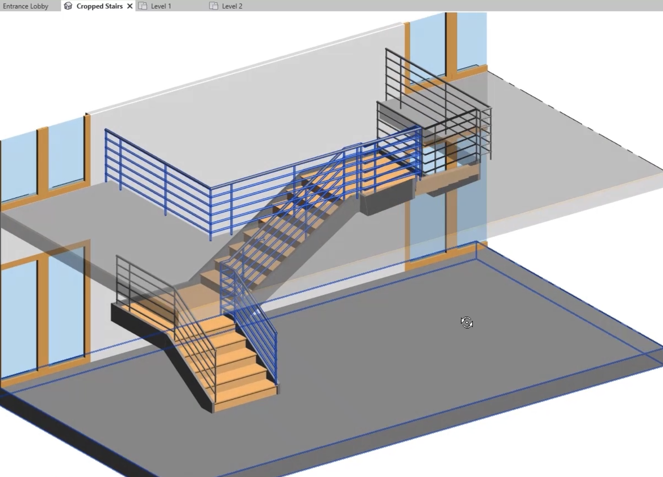 Rotating the Cropped Stairs 3D view to see the new railings around the stair opening.